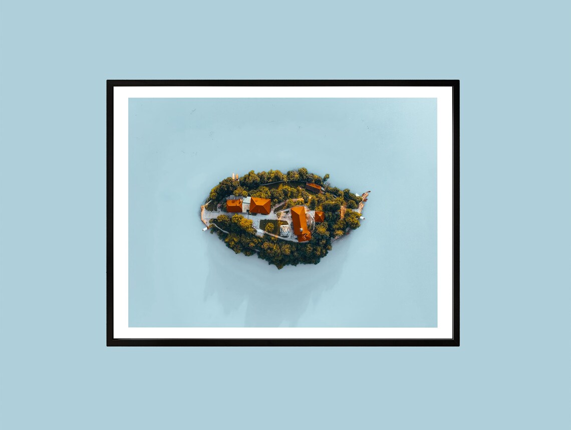Bled Island Slovenia Top Down Aerial Lake Church Minimalist Print