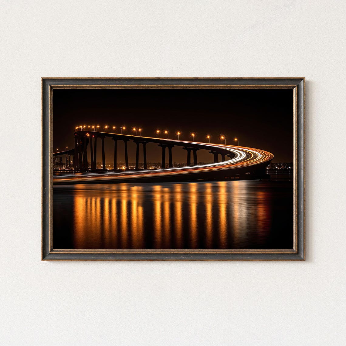 San Diego Coronado Bridge Night Light Trails Bay Water Poster