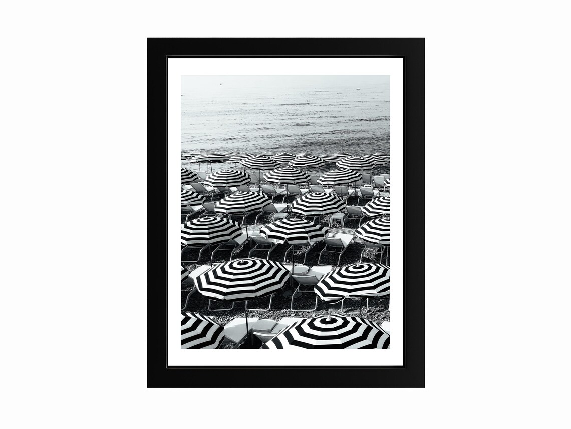 Striped Beach Umbrellas French Riviera Black White Photography Poster