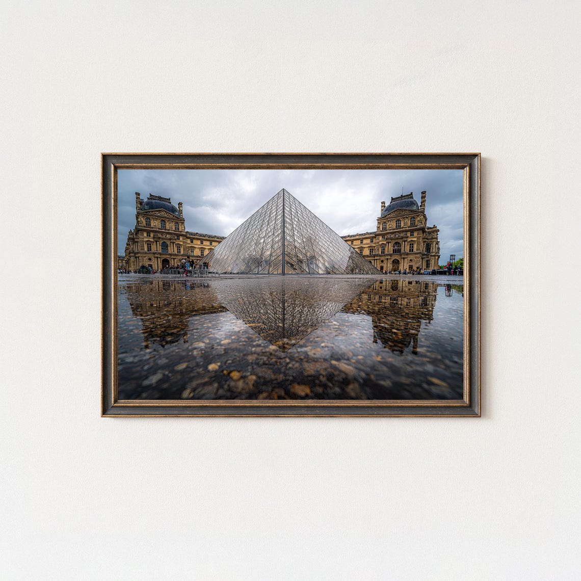 Louvre Pyramid Rain Puddle Reflection Paris Photography Travel Poster