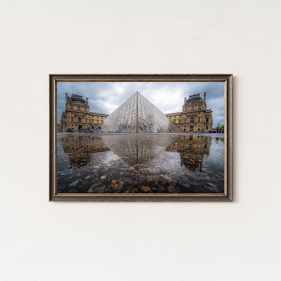 Louvre Pyramid Rain Puddle Reflection Paris Photography Travel Poster