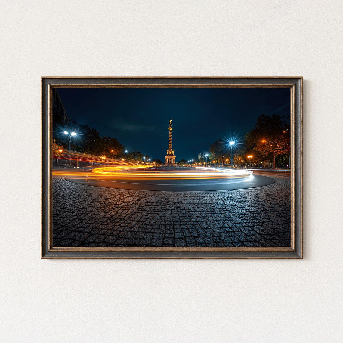 Berlin Victory Column Roundabout Night Light Trails City Poster