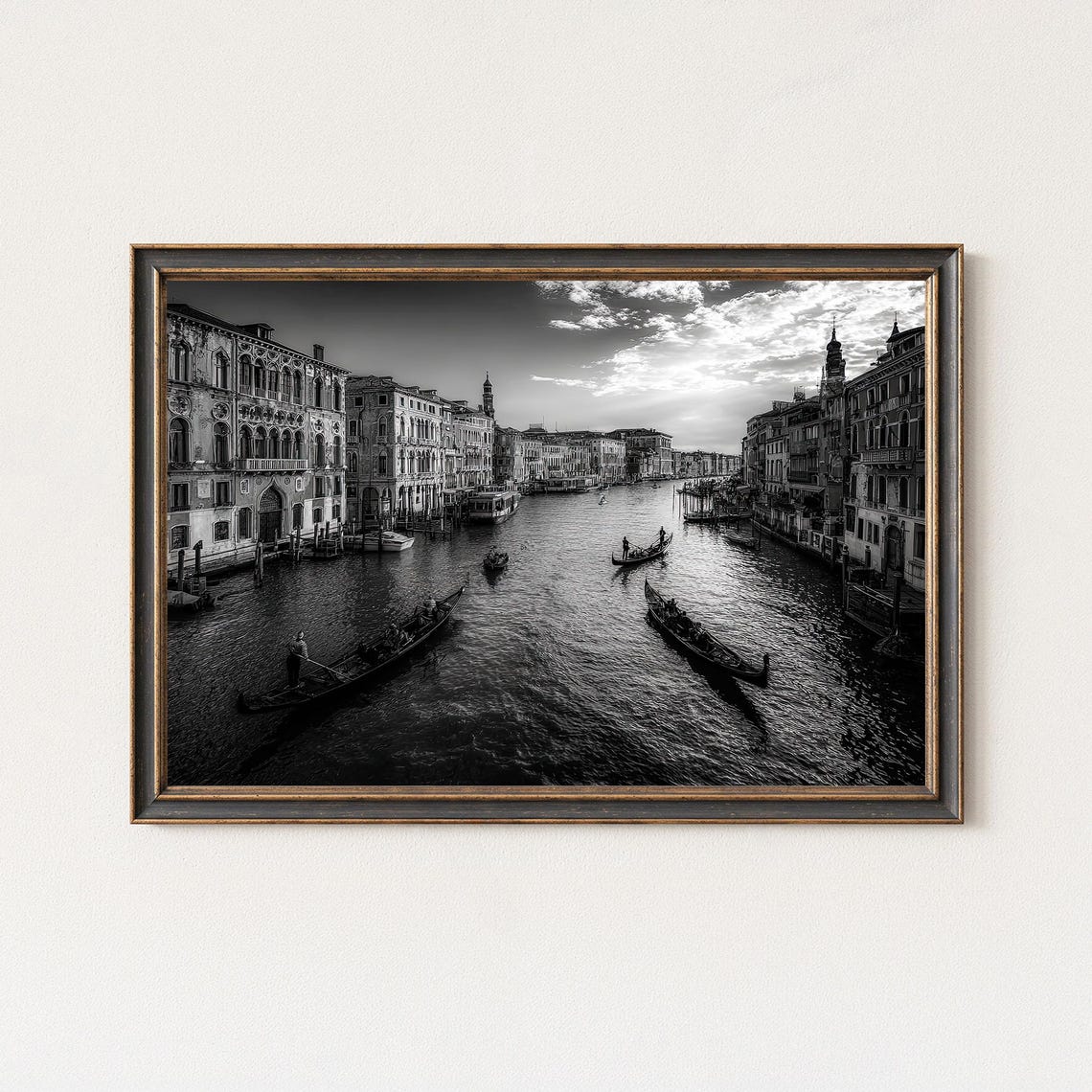Venice Grand Canal Gondolas Black and White Evening Scene Poster