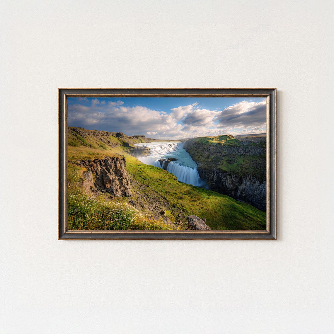 Gullfoss Iceland Waterfall Canyon Green Landscape Photo Poster