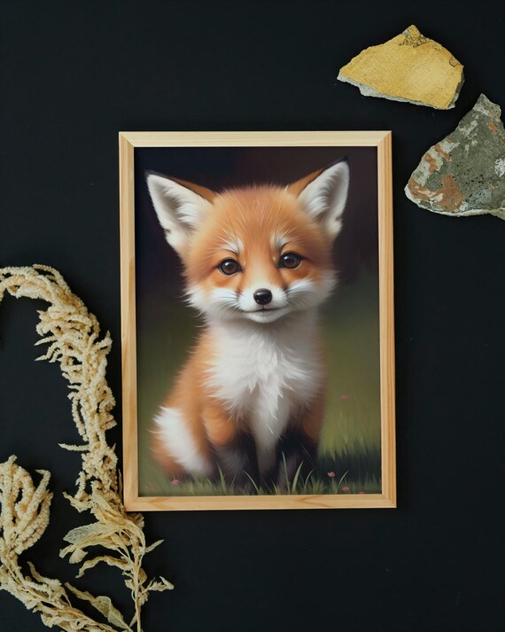 Cute Baby Red Fox Kit Orange Fur Wildflower Meadow Portrait Poster