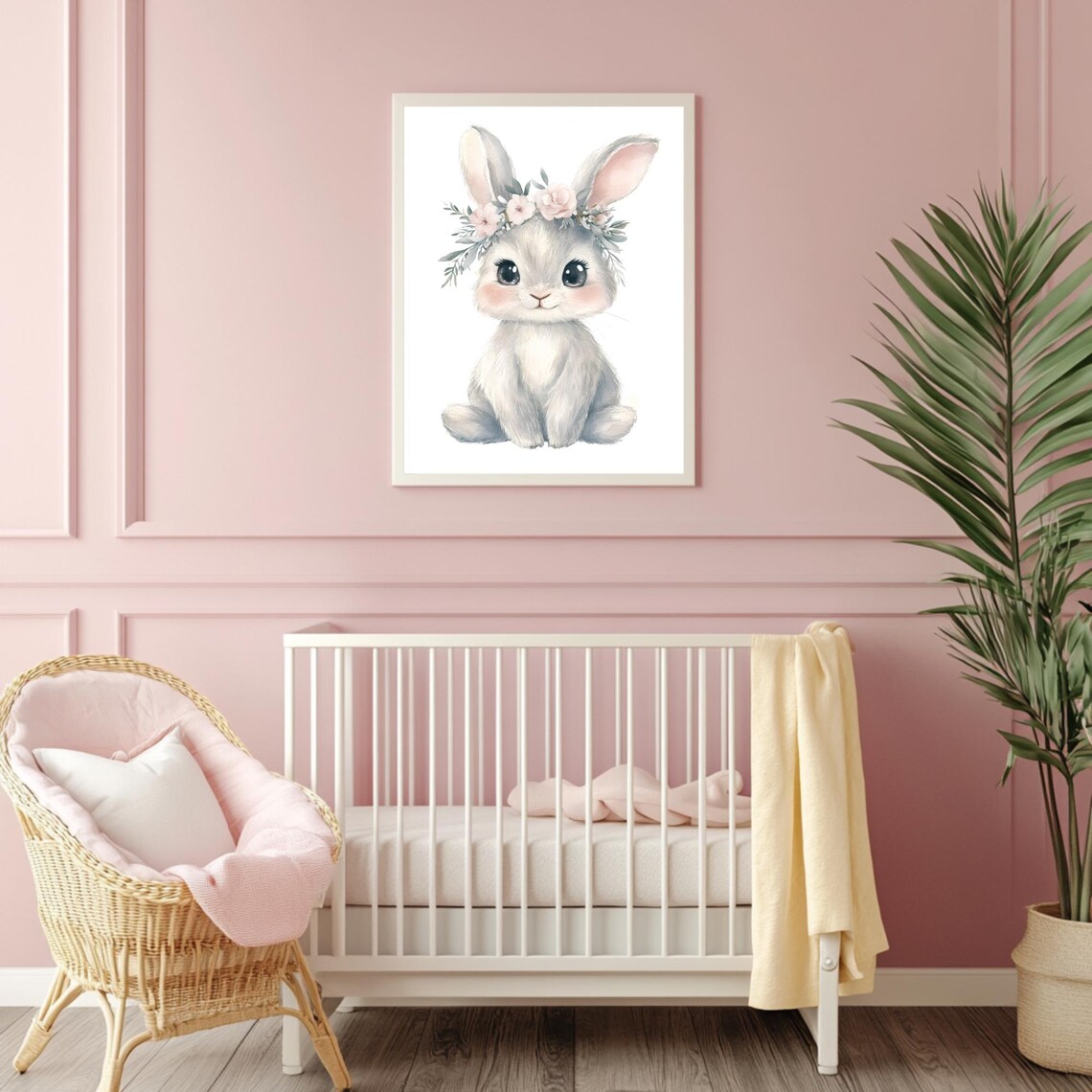 Baby Bunny Wearing a Pink Flower Crown Watercolor Nursery Poster - Image 4