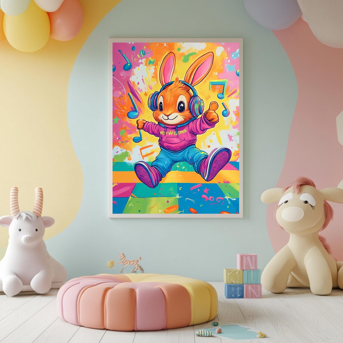 Funny Dancing Bunny Headphones Pink Hoodie Colorful Music Notes Poster - Image 2