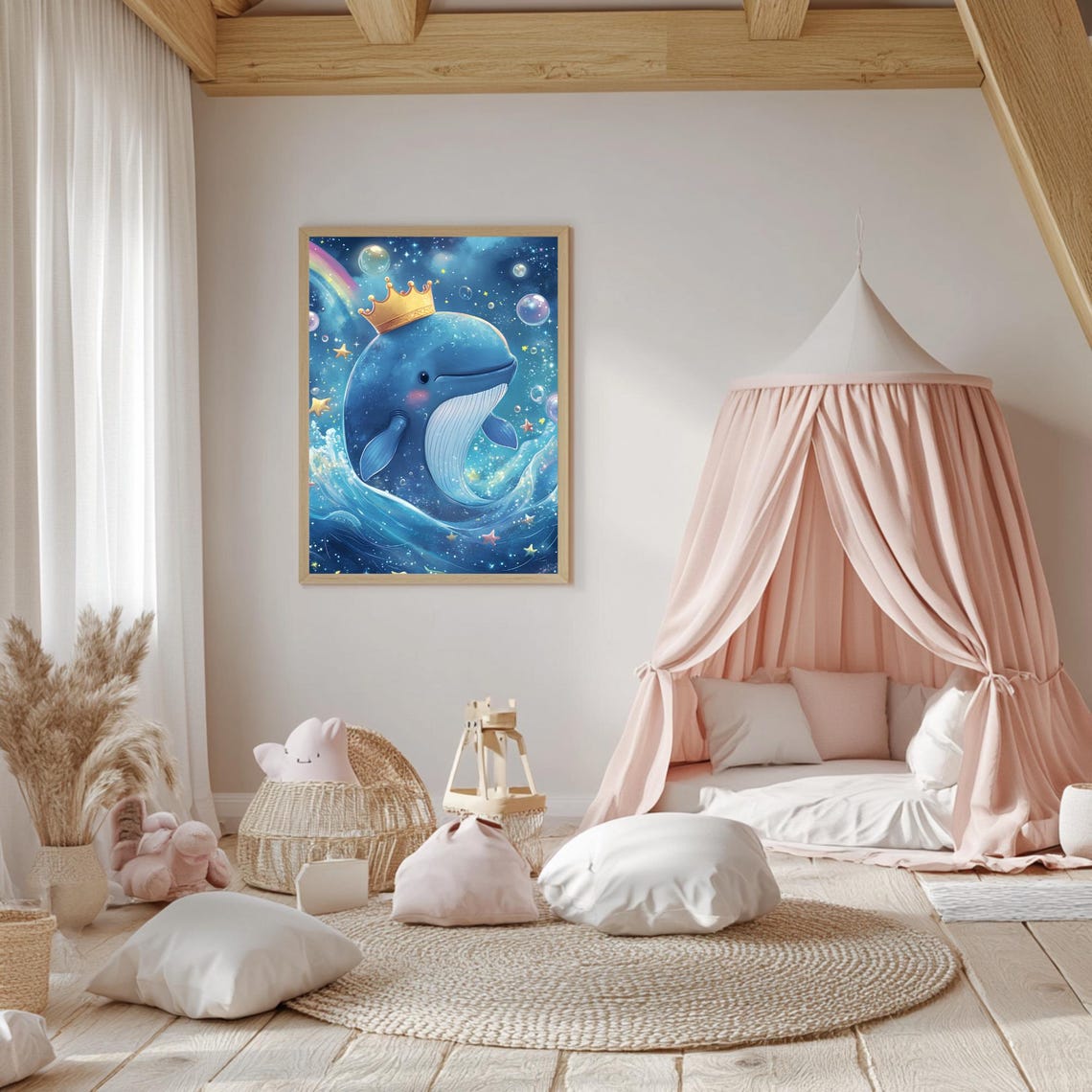 Whimsical Crowned Blue Whale Starry Night Ocean Nursery Art Poster - Image 5