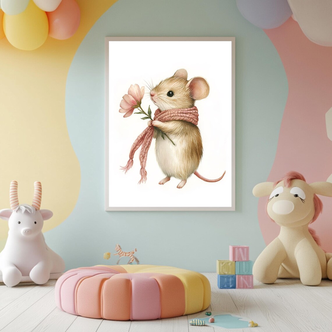 Little Mouse in Pink Knit Scarf Holding a Flower Nursery Poster - Image 2