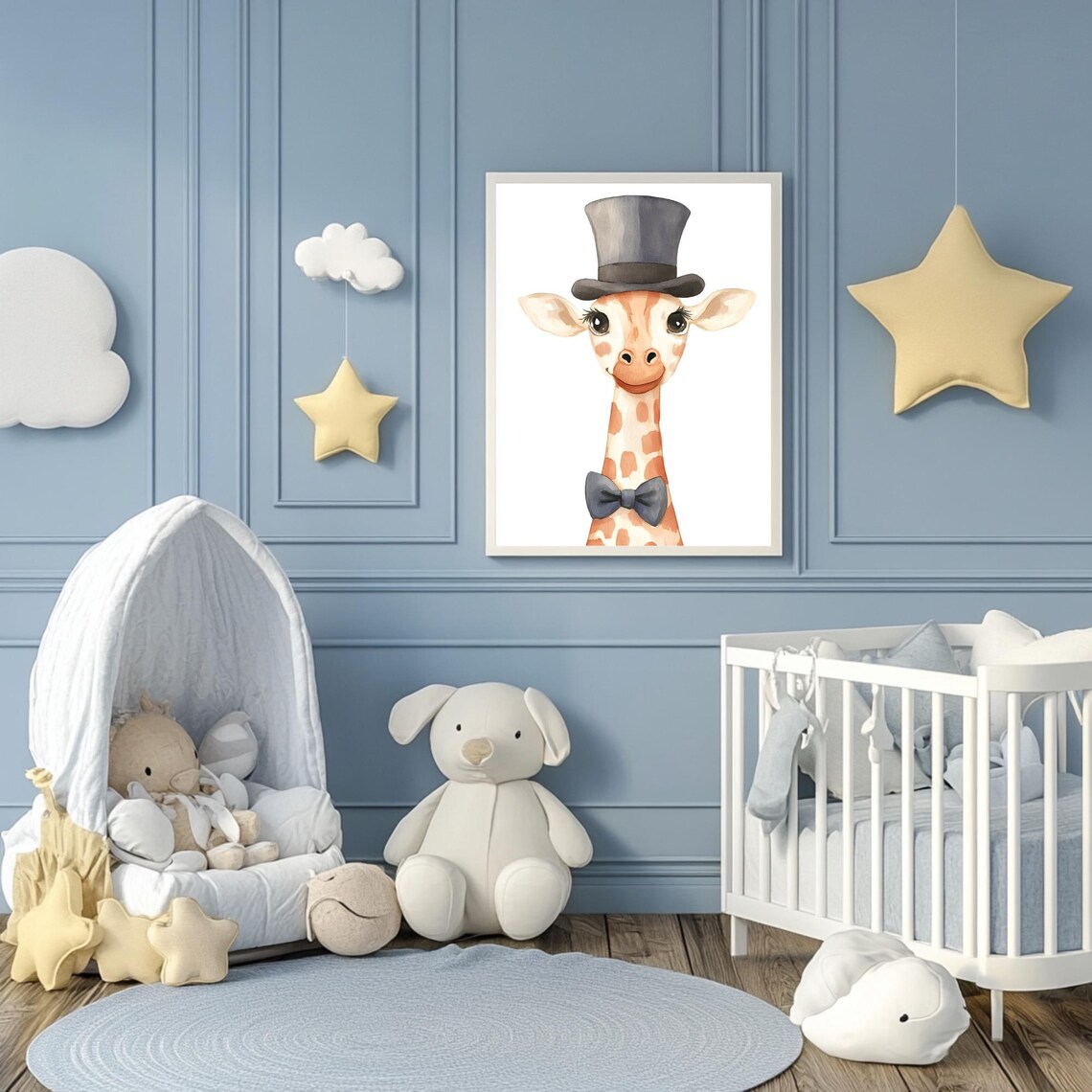 Baby Giraffe Wearing Top Hat and Bow Tie Watercolor Art Poster - Image 3
