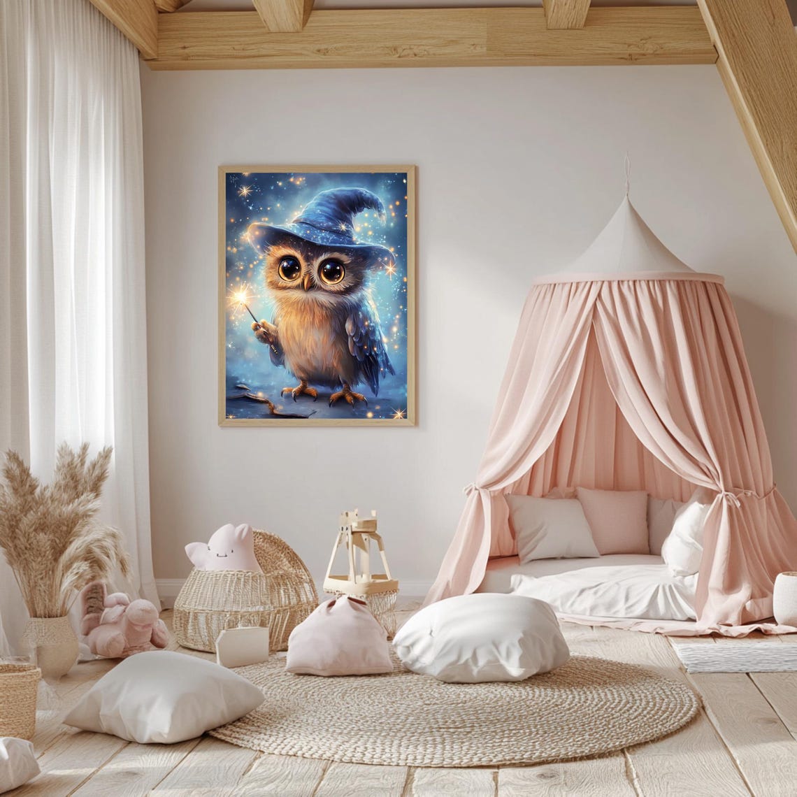 Cute Baby Owl Wizard Blue Hat Sparkling Wand Starry Night Poster - Image 5