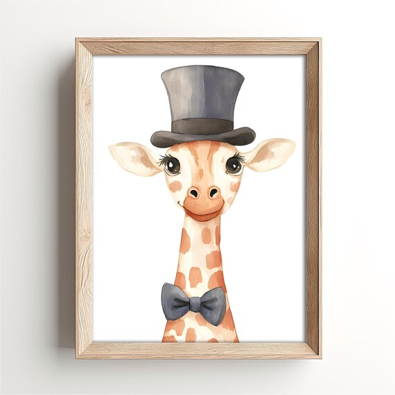 Baby Giraffe Wearing Top Hat and Bow Tie Watercolor Art Poster