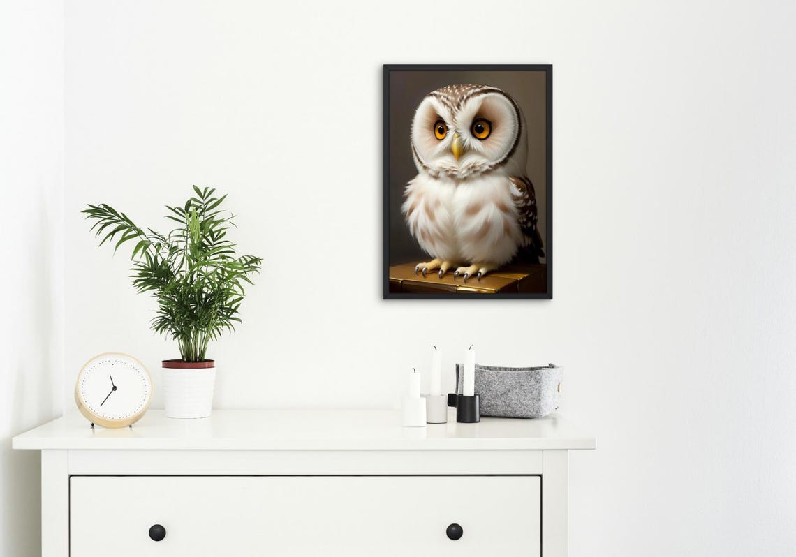 Cute Baby Owl White Feathers Big Amber Eyes Perched Portrait Poster - Image 4