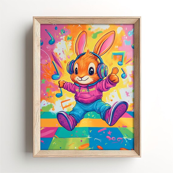 Funny Dancing Bunny Headphones Pink Hoodie Colorful Music Notes Poster
