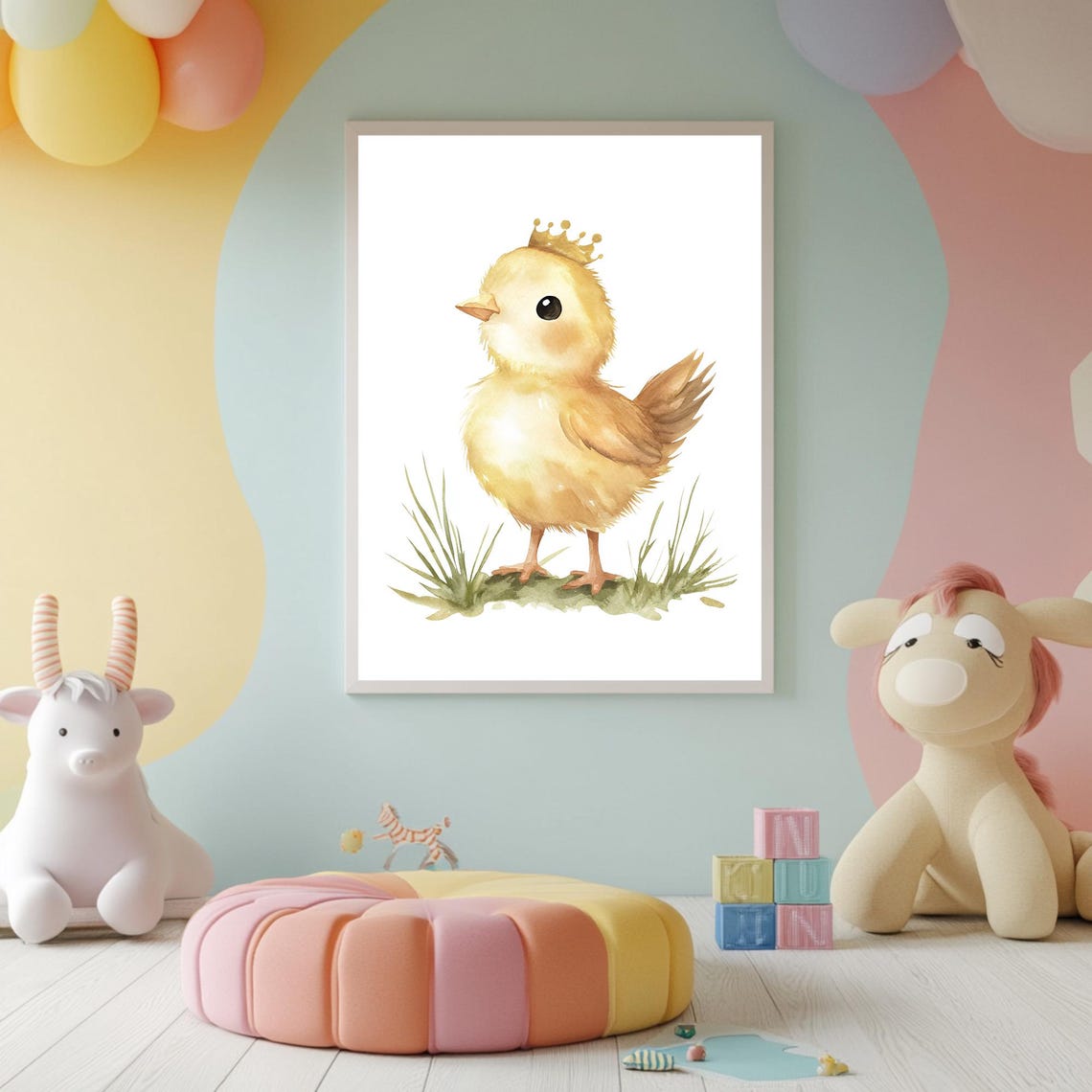 Baby Chick Wearing a Tiny Golden Crown Watercolor Nursery Poster - Image 2