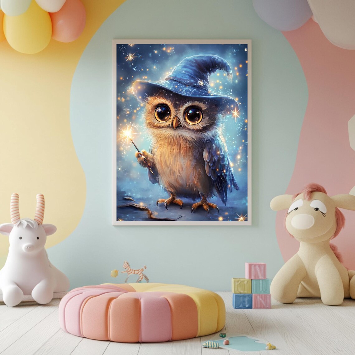 Cute Baby Owl Wizard Blue Hat Sparkling Wand Starry Night Poster - Image 2