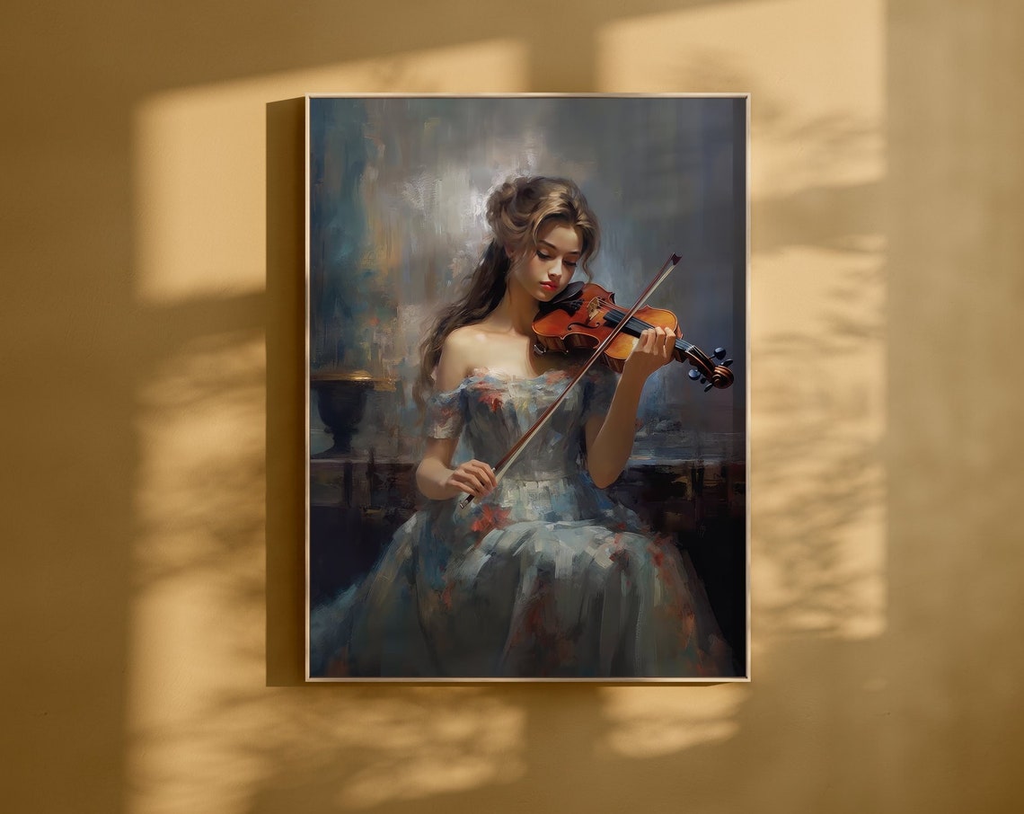 Elegant Lady Violinist in Flowing Gown Impressionist Art Poster