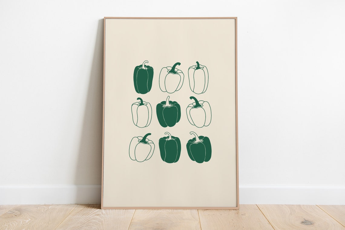 Green Bell Pepper Grid Solid Outline Modern Minimal Kitchen Wall Art - Image 2