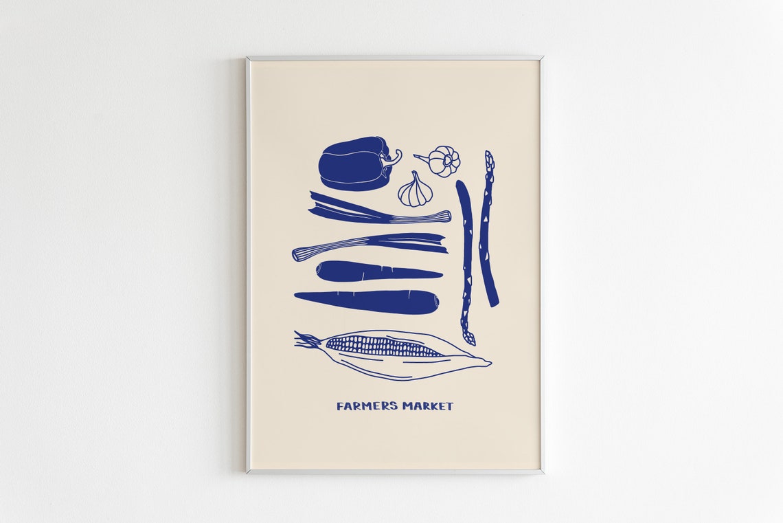 Farmers Market Navy Blue Vegetables Line Drawing Kitchen Wall Art - Image 2
