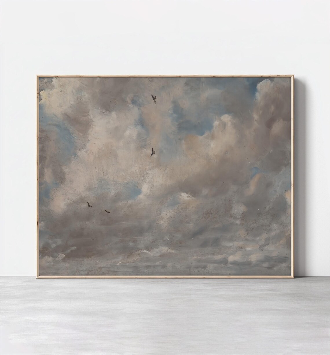 Cloudy Sky With Birds Vintage Art Moody Clouds Painting Antique Art