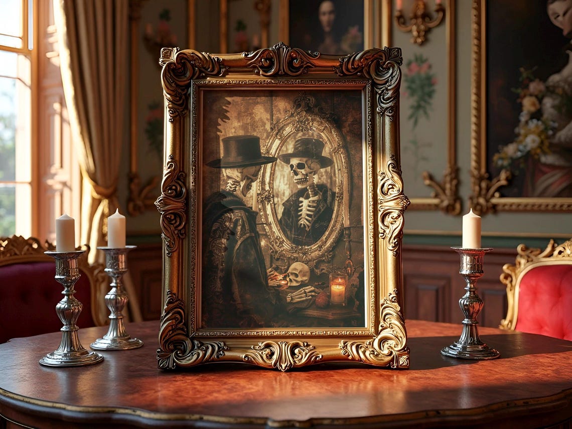 Victorian Skeleton in Top Hat Gazing Mirror Gothic Dark Poster