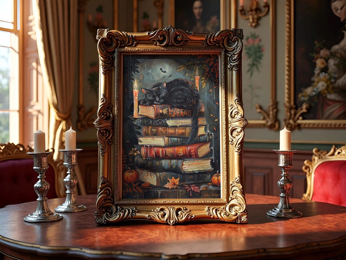 Black Cat Sleeping on Vintage Books Candlelit Halloween Poster