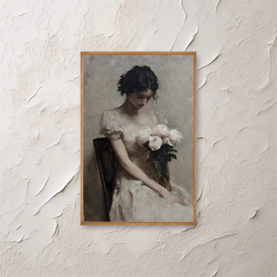 Vintage Woman in White Dress Holding Roses Moody Dark Oil Print