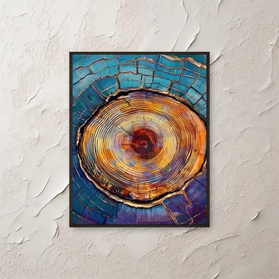 Colorful Tree Rings Wall Art Print Abstract Wood Grain Texture Artwork Blue Orange Yellow Rustic Nature Decor Modern Organic Home Poster