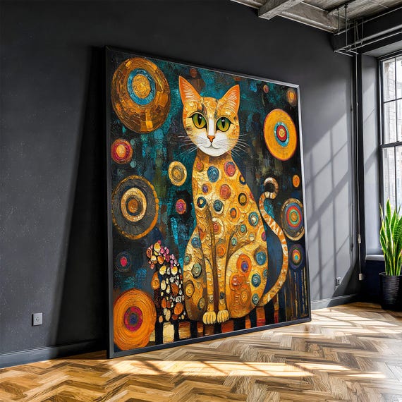 Colorful Cat Canvas Painting Klimt Inspired Abstract Art Ready To Hang Gift For And Lovers