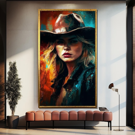 Stylish Cowgirl in Hat Bold Turquoise Orange Portrait Wall Art