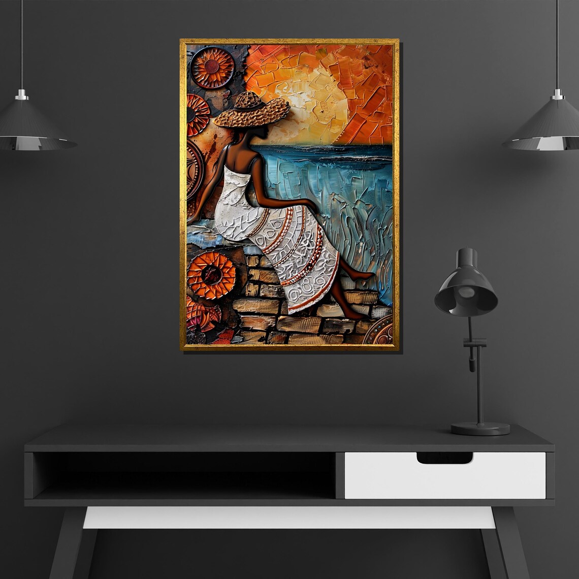 Silhouette Woman in White Dress with Straw Hat by the Sea Sunset Painting Poster - Image 4