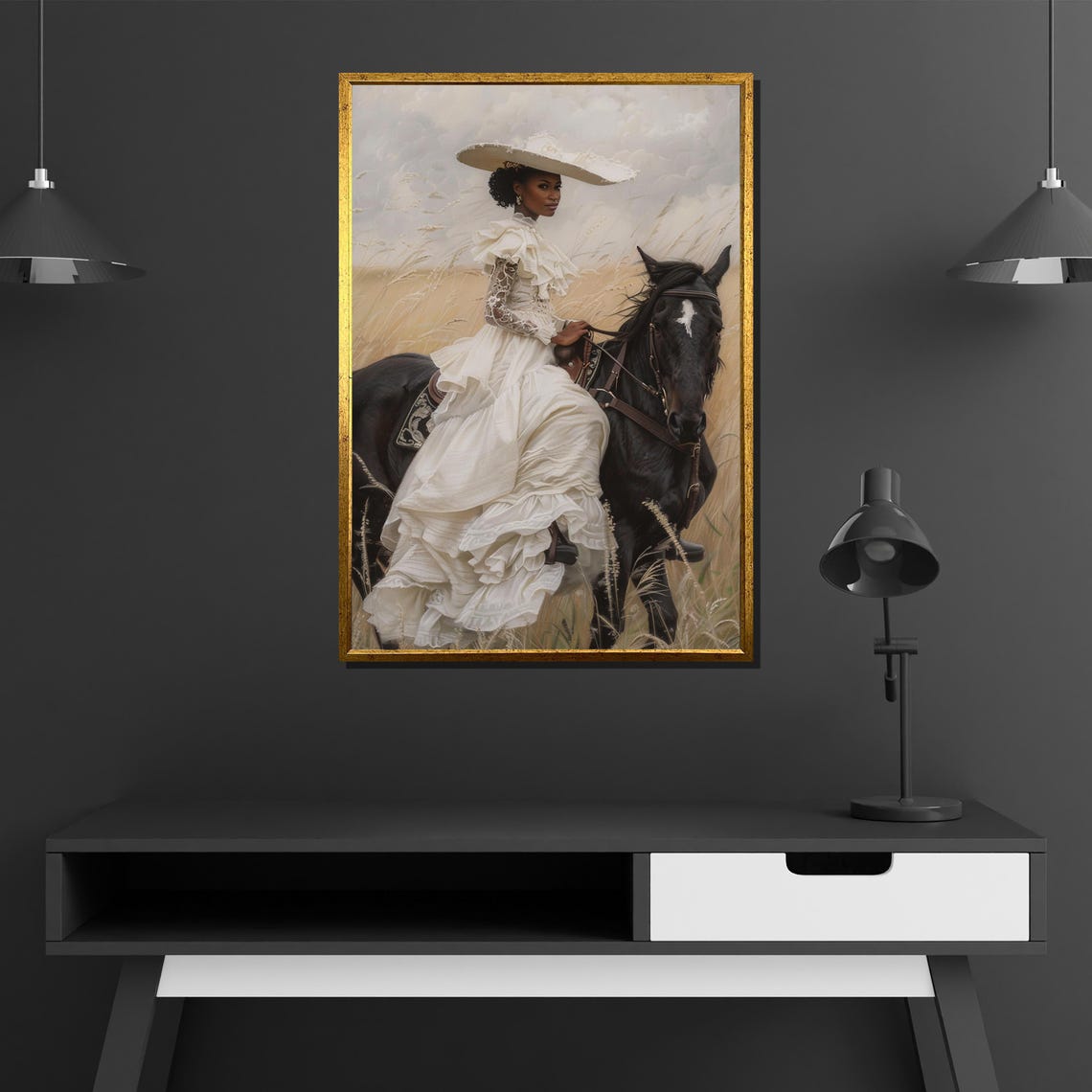 Vintage Lady Riding Horse Victorian White Gown Pastoral Poster - Image 2