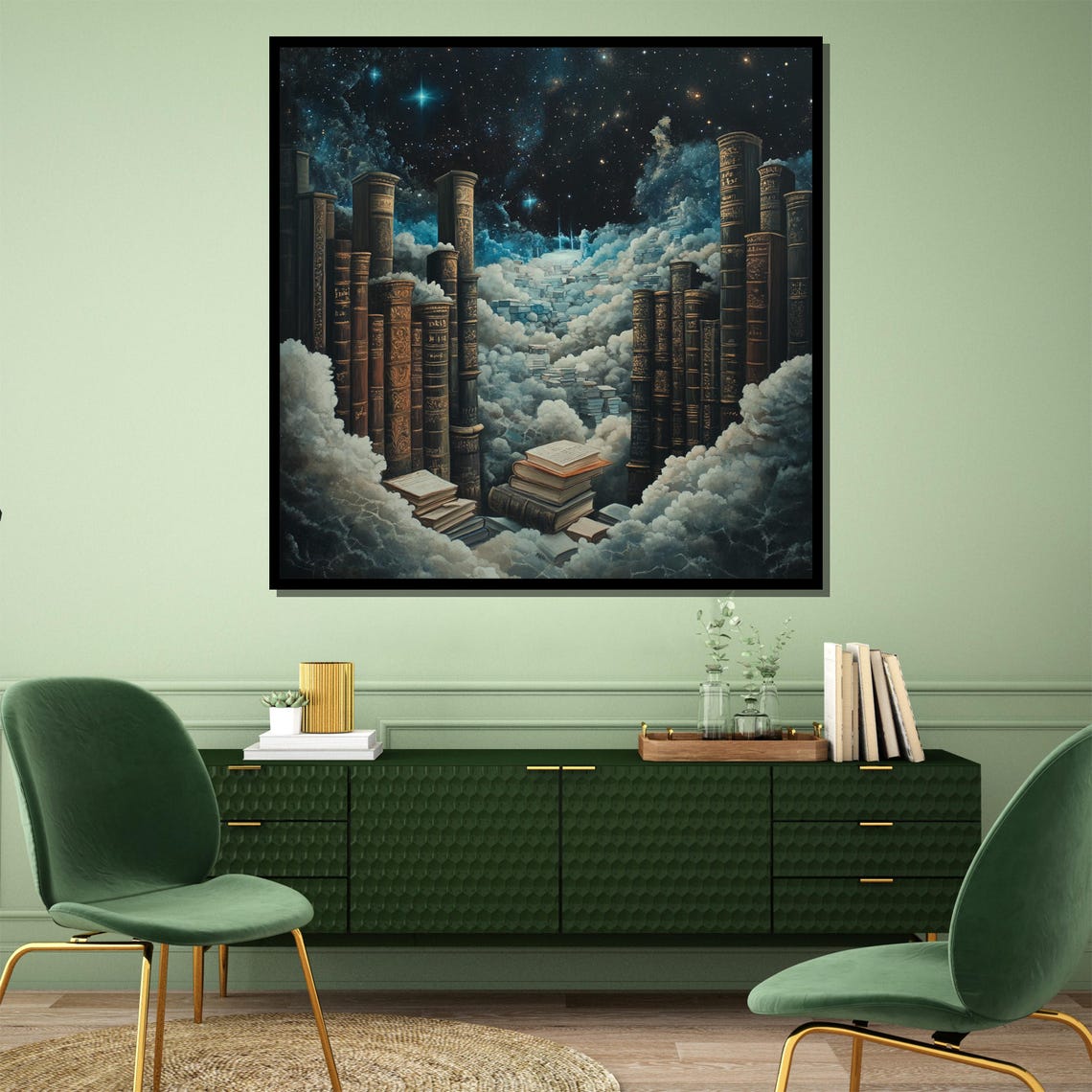 Cosmic Library Giant Book Towers Among Clouds Starry Night Poster - Image 3