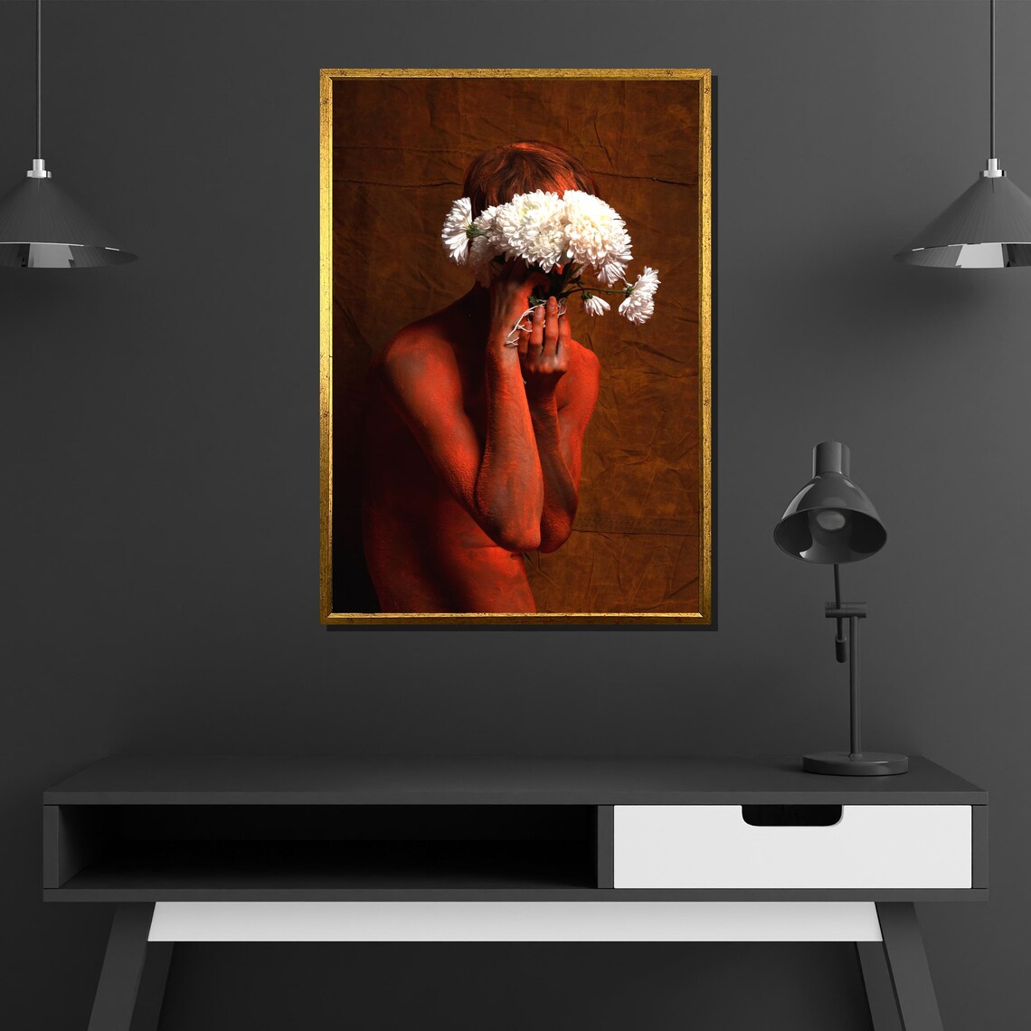 Red Body Paint Woman Holding White Flowers Conceptual Art Poster - Image 4