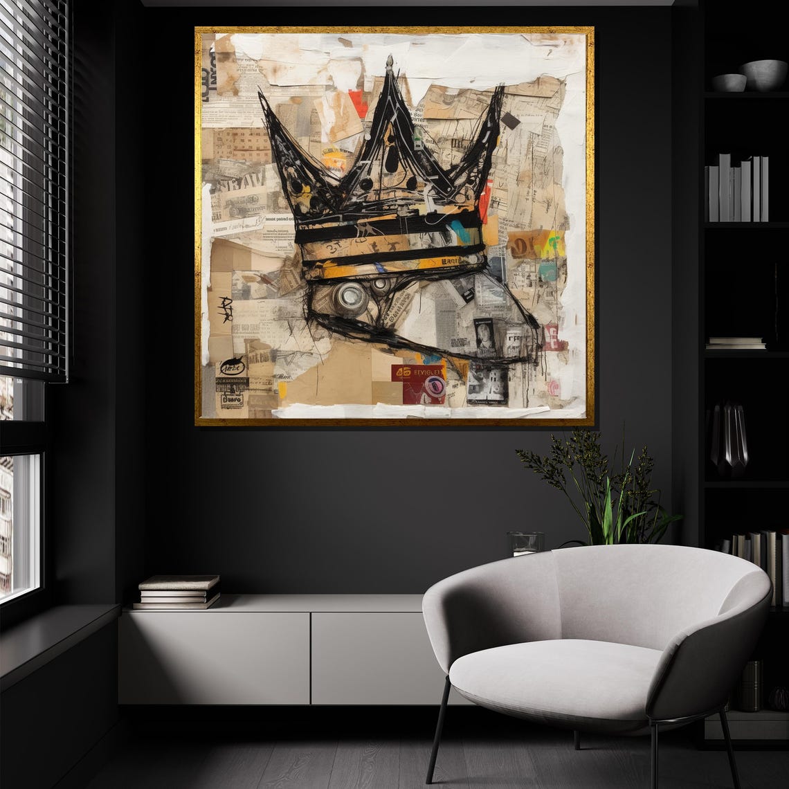 Abstract Crown Black Ink Newspaper Collage Mixed Media King Poster - Image 2
