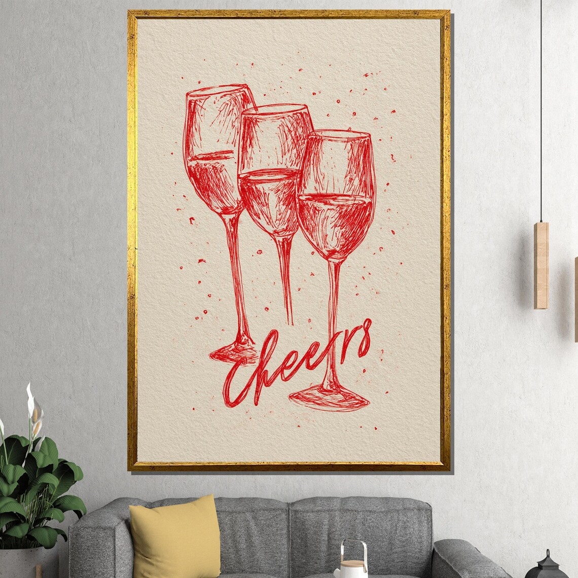 Cheers Red Wine Glasses Sketch Kitchen Bar Cart Celebration Art Poster