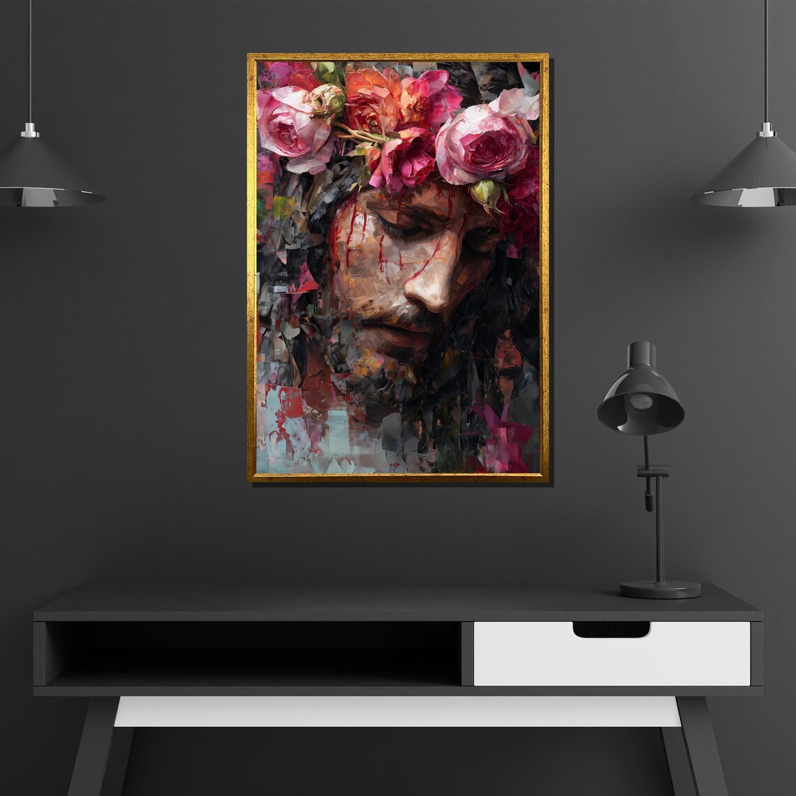 Sacred Christ Crown of Roses Floral Portrait Oil Painting Poster - Image 2