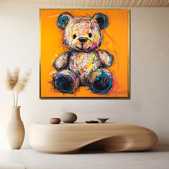 Vibrant Teddy Bear Bold Orange Abstract Scribble Street Art Poster