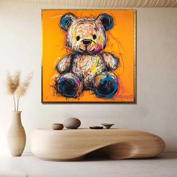 Vibrant Teddy Bear Canvas Painting In Bold Orange Abstract Sketch Art For Nursery Wall Decor Ready To Hang Gift Boho