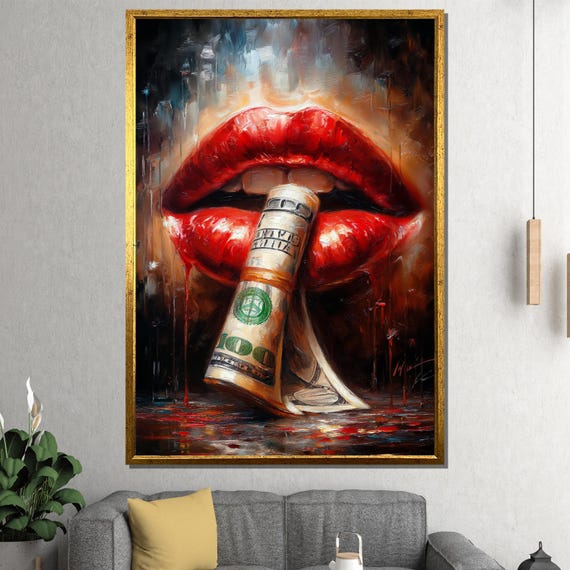 Luxury Lips Canvas Painting Bold Pop Art Wall Decor With Money Roll Ready To Hang Glam Gift Sexy Modern Artwork For Trendy Interiors