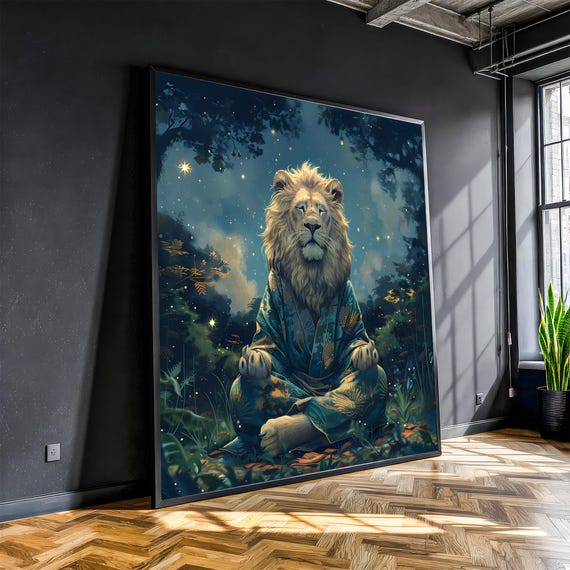 Meditating Lion Canvas Painting Zen Jungle Animal Wall Art Ready To Hang Gift For Yoga Lovers
