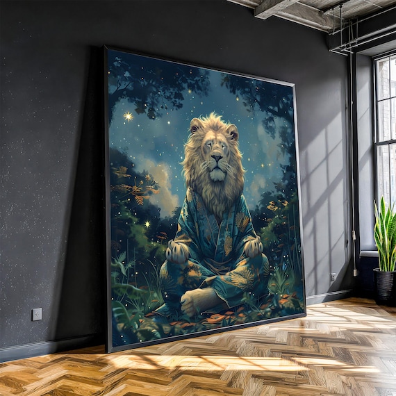 Serene Meditating Lion Lotus Pose Starry Night Zen Art Poster