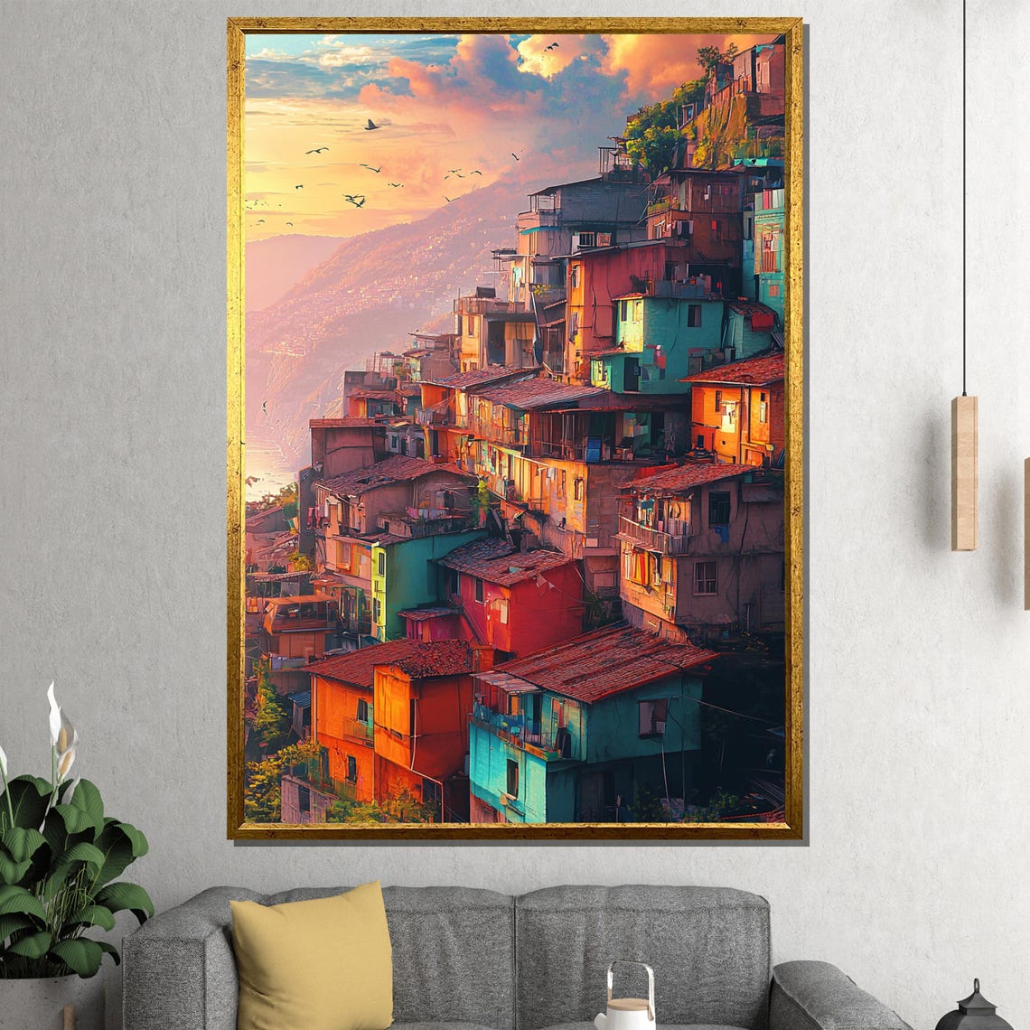 Colorful Hillside Village Sunset Mediterranean Coastal Art Poster