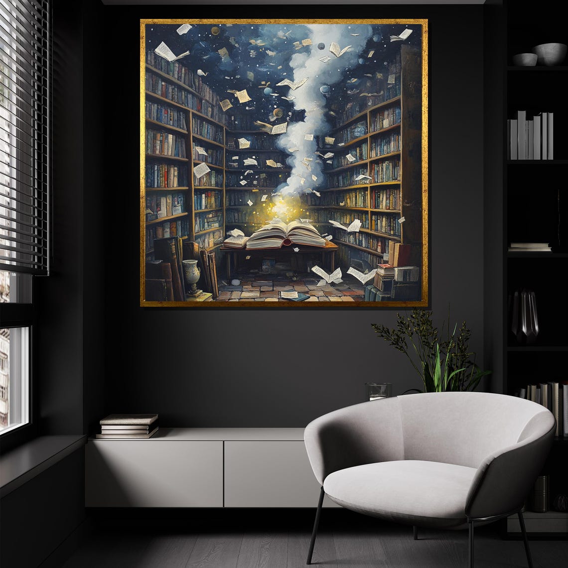 Magical Library Glowing Open Book Flying Pages Starry Night Poster - Image 4