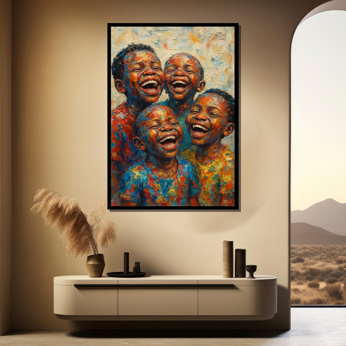 Four Joyful Children Laughing Together Colorful Impasto Portrait Painting Poster - Image 3