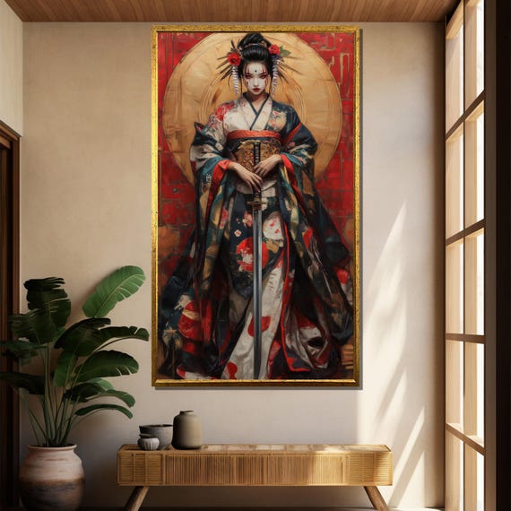 Elegant Samurai Geisha In Floral Kimono Holding Katana Striking Japanese Warrior Wall Art For Bold And Cultural Interior Decor