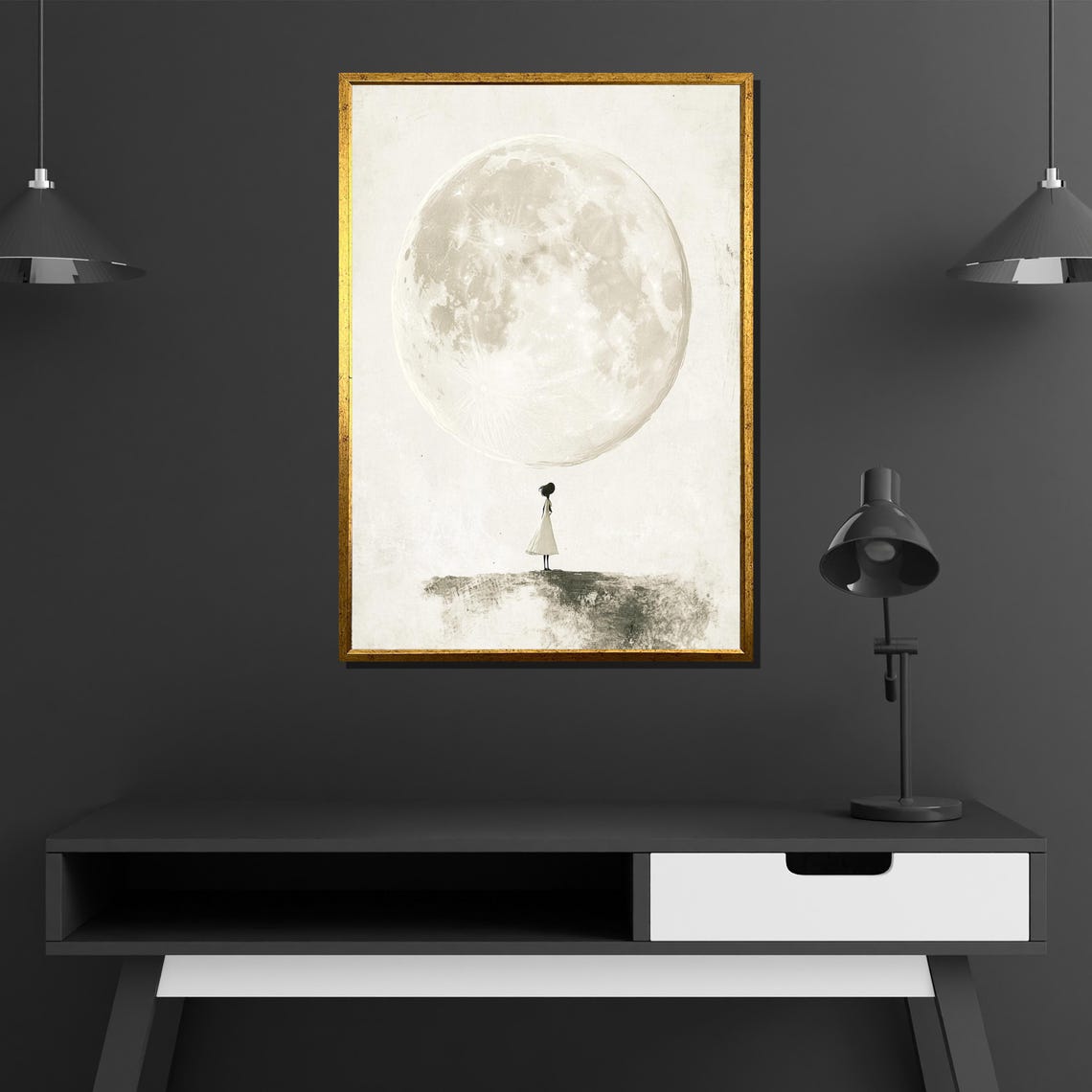 Tiny Girl Gazing Giant Full Moon Minimalist Dream Art Poster - Image 2