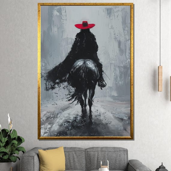 Lone Cowboy Silhouette Canvas Painting Western Wall Art Rustic Home Decor Ready To Hang Gift