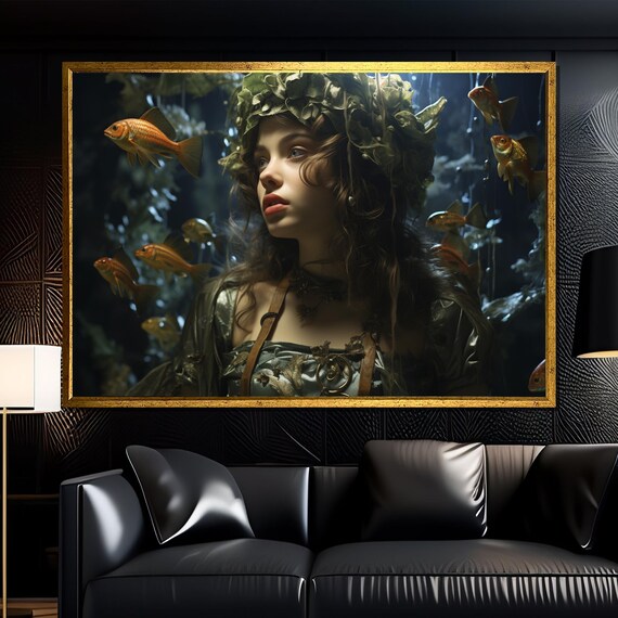 Forest Spirit Girl With Fish Canvas Mystical Underwater Fantasy Portrait For Boho Fairycore Or Nature Inspired Dark Art And Ethereal Decor