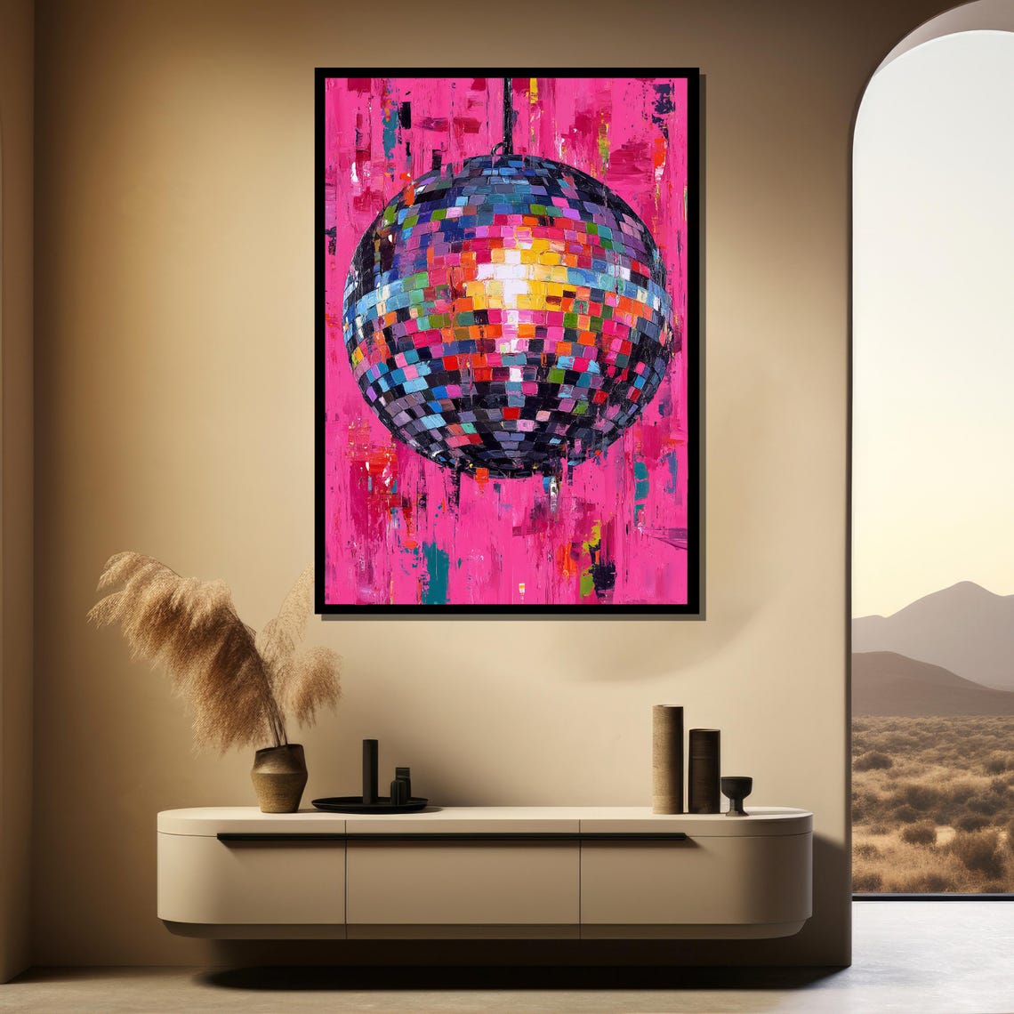 Colorful Disco Ball on Hot Pink Abstract Retro Party Painting Poster - Image 3